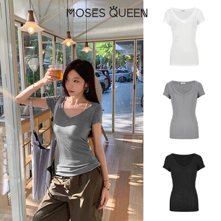 < MOSESQUEEN > เสื้อตัวเต็มตัวแขนสั้น คอต่ำ แบบยีนส์ สำหรับสาวๆ รุ่นย้อนยุค "ล่าเมย์" เสื้อสไตล์แฟชั่น ใส บาง และสีเดียว ที่เหมาะกับฤดูร้อน #62986