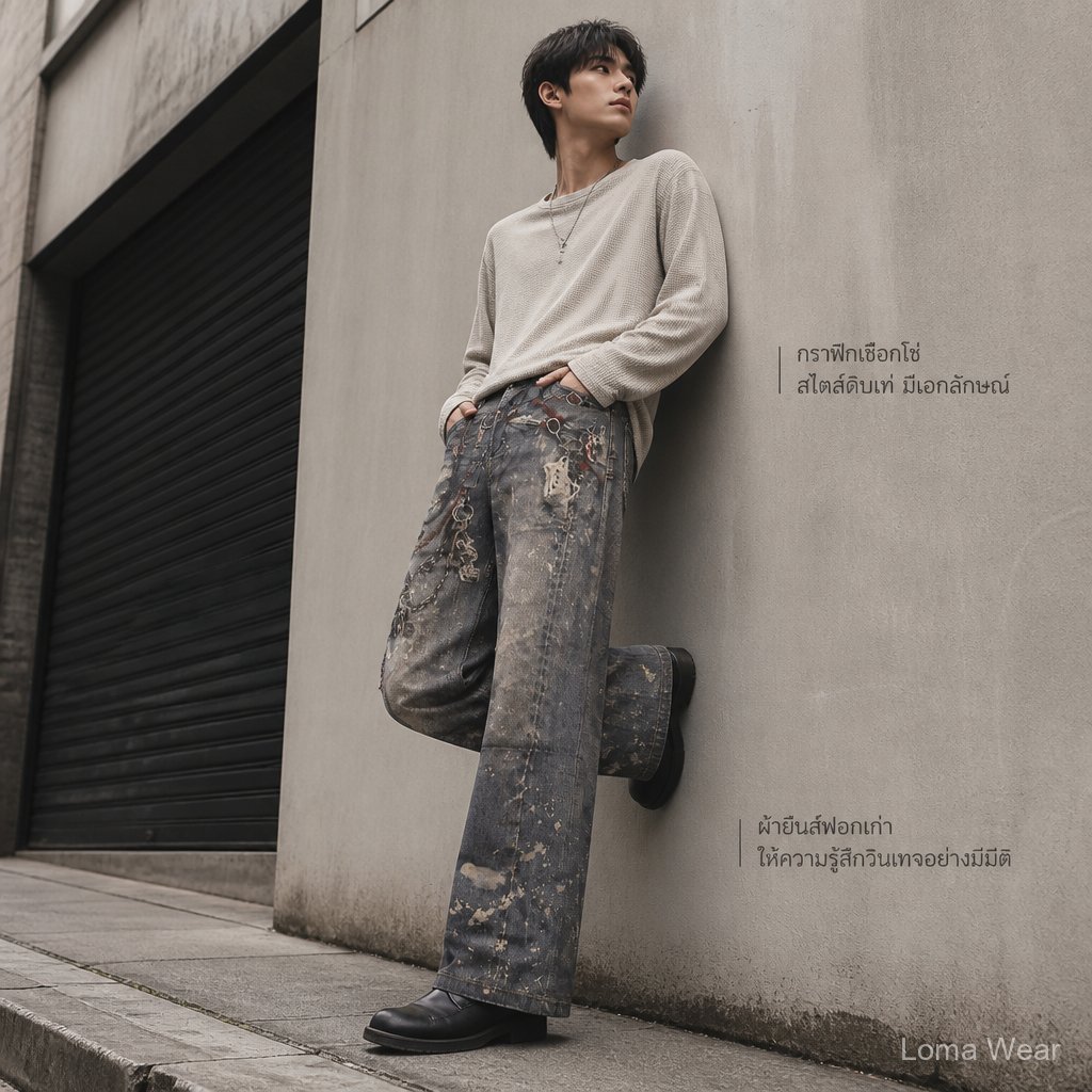 Loma Wear- ยีนส์ขากว้าง Y2K  ลายกราฟฟิตี้สุดเท่ ผ้าวินเทจฟอกเก่า ใส่แล้วลุคสตรีทเกาหลี ดูแพง แมทช์ง่าย