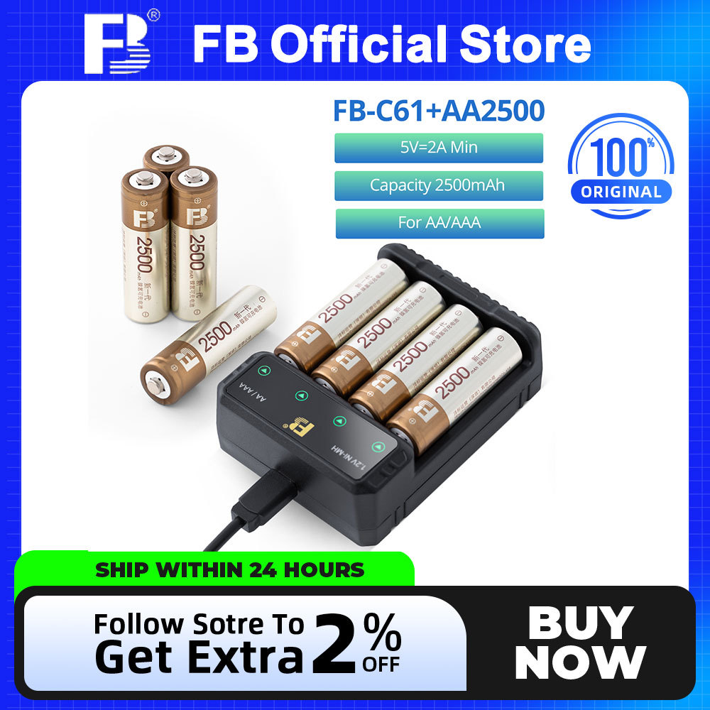 FB FB FB FBC61 เครื่องชาร์จพร้อมแบตเตอรี่ 4 ชิ้น 2500mAh แบตเตอรี่ AAA แบบชาร์จไฟได้สําหรับรีโมทคอนโ
