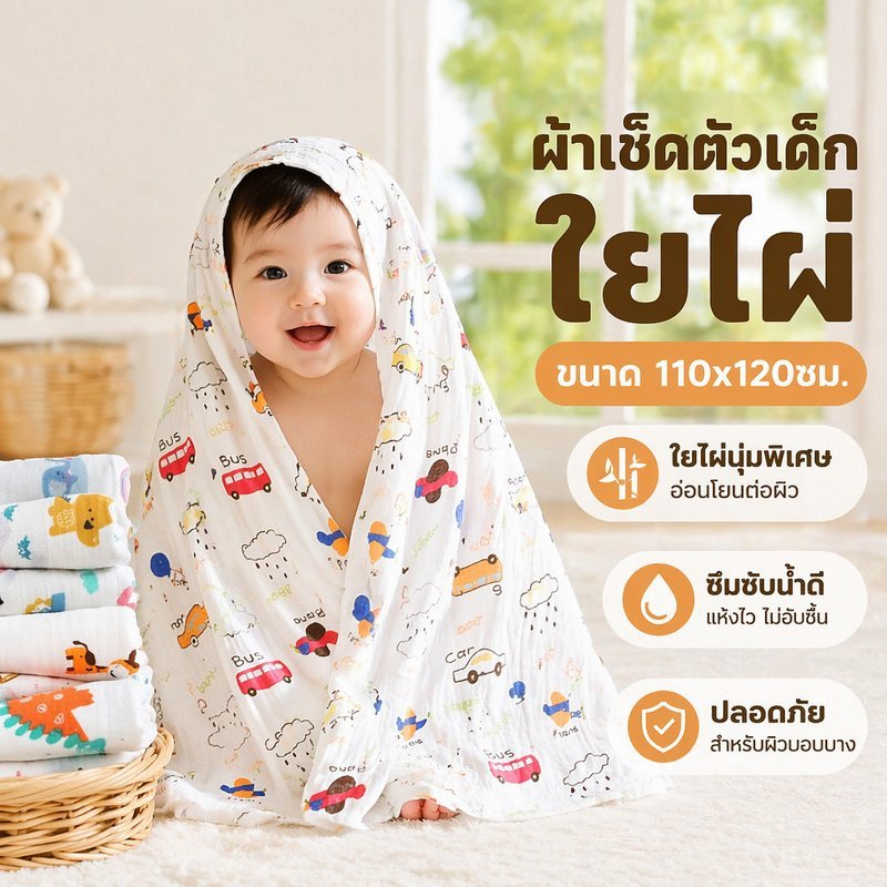 ผ้าเช็ดตัวเด็ก ผ้าห่อตัวเด็ก ผ้ากอซฝ้าย ลายการ์ตูน ซับน้ำดี นุ่มอ่อนโยน ทารกแรกเกิด อาบน้ำ