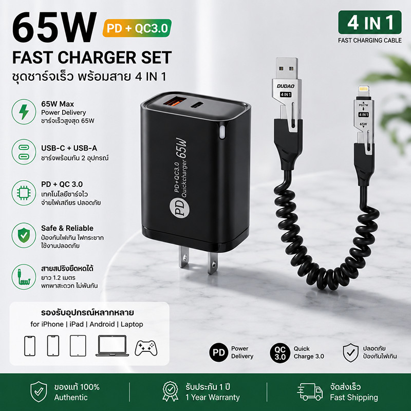 ZZ HOME01 65W สายชาร์จเร็วแบบ4-In-1 Type-C C-C A-C สายเคเบิล สายชาร์จสำหรับ Xiaom IP Huawe Realm