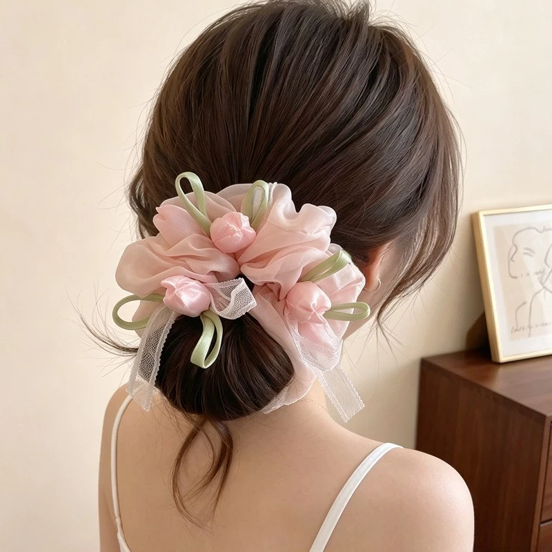 เกาหลีหวานโบว์ผูกผมสําหรับผู้หญิงอ่อนโยนต่ําบุญผมหางม้า Scrunchie เครื่องประดับผม