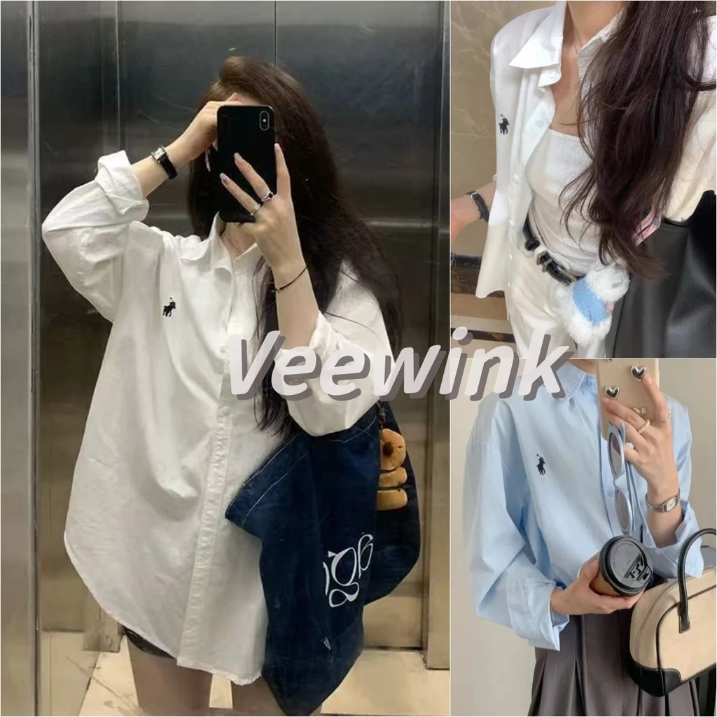 Veewink เสื้อเชิ้ตแขนยาวทรงหลวม ปักลายม้า ผ้าฝ้ายเนื้อนุ่ม ใส่สบาย แมตช์ง่าย ใส่ทับชั้นใน กันแดด