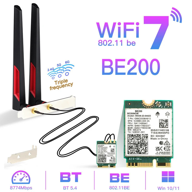 WiFi 7 สําหรับ BE200 การ์ดเครือข่ายไร้สายบลูทูธ 5.4 WiFi BE200NGW NGFF อะแดปเตอร์ 802.11AX 2.4G/5G/6