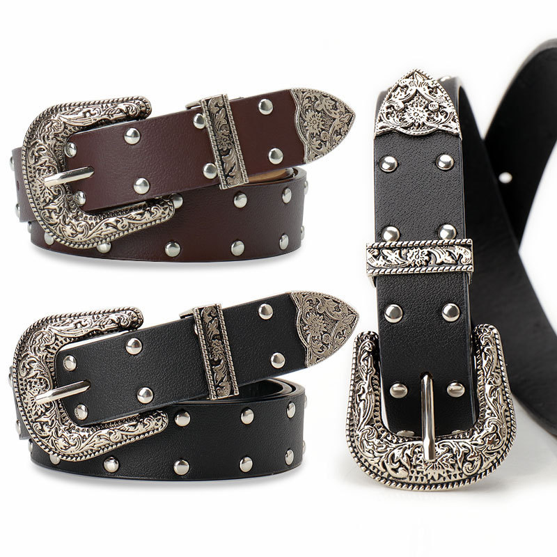 Y2K Vintage Double Stud Belt Women Streetwear เข็มขัดเอวสําหรับกางเกงยีนส์
