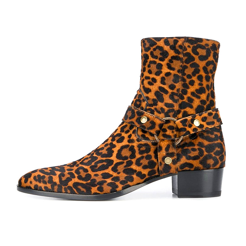 CHELSA Boots ผู้ชายรองเท้าสั้นหนังแท้สไตล์อังกฤษ Martin Boots CHELSEA BOOT Horsehair เสือดาวพิมพ์รอง