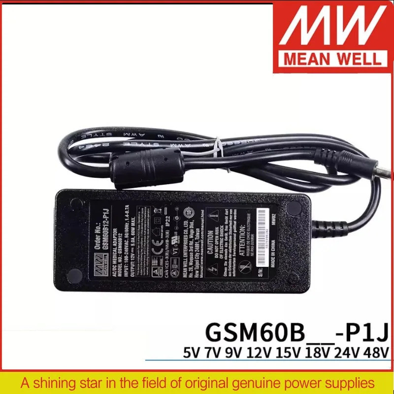 MEAN WELL 60W AC-DC ที่เชื่อถือได้สีเขียวทางการแพทย์ Adaptor GSM60B05-P1J GSM60B07-P1J GSM60B09-P1J 