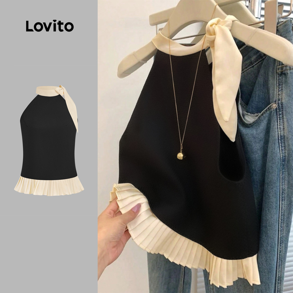 Lovito แคชชวล เสื้อท็อปหรู สีบล็อก แต่งระบายชาย แขนยาว ฤดูใบไม้ผลิ/ฤดูร้อน ดำขาว L142ED276