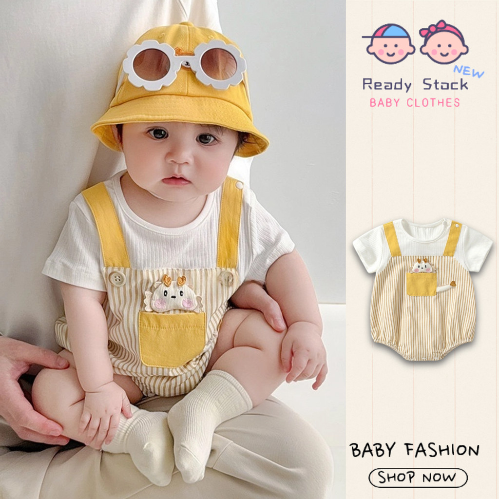 ฤดูร้อนใหม่เด็กบางแขนสั้น ชุดจั๊มสูท 0-24 เดือนนุ่มสบายการ์ตูนมังกรสีเหลืองลาย ชุดรอมเปอร์ สไตล์เกาหลี