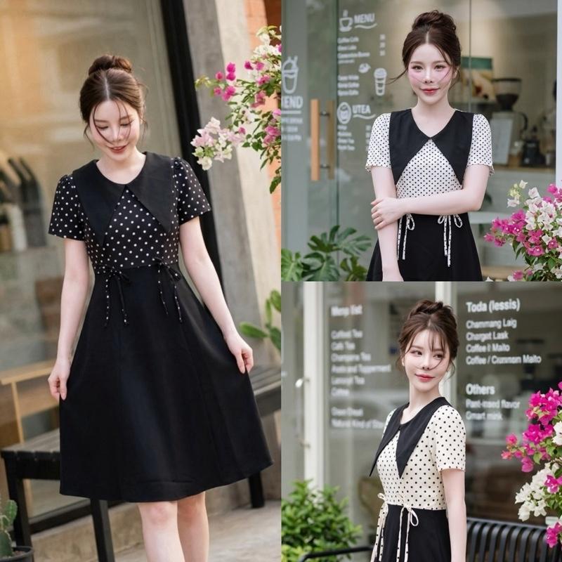 D905 เดรสลายจุดแขนสั้น มีกระเป๋าข้าง ความยาว 40 นิ้ว ฟรีไซส์S-3XL