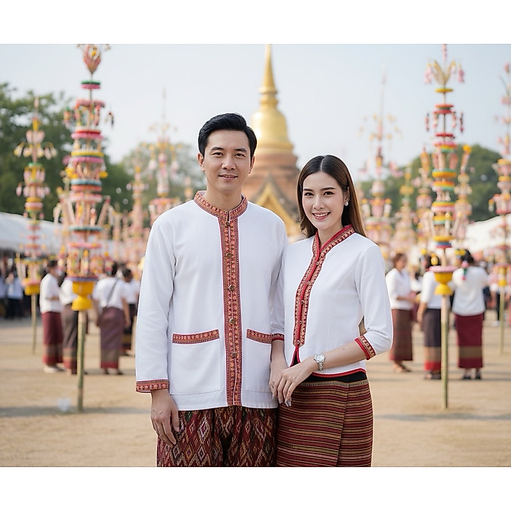 เสื้อพื้นเมืองภูไท คู่ ชาย/หญิง สีขาวแถบแดง
