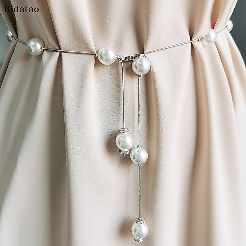 Kidatao Pearl เข็มขัดผู้หญิงเข็มขัดโซ่บางสําหรับสุภาพสตรีชุดเข็มขัดผอมตกแต่งใหม่