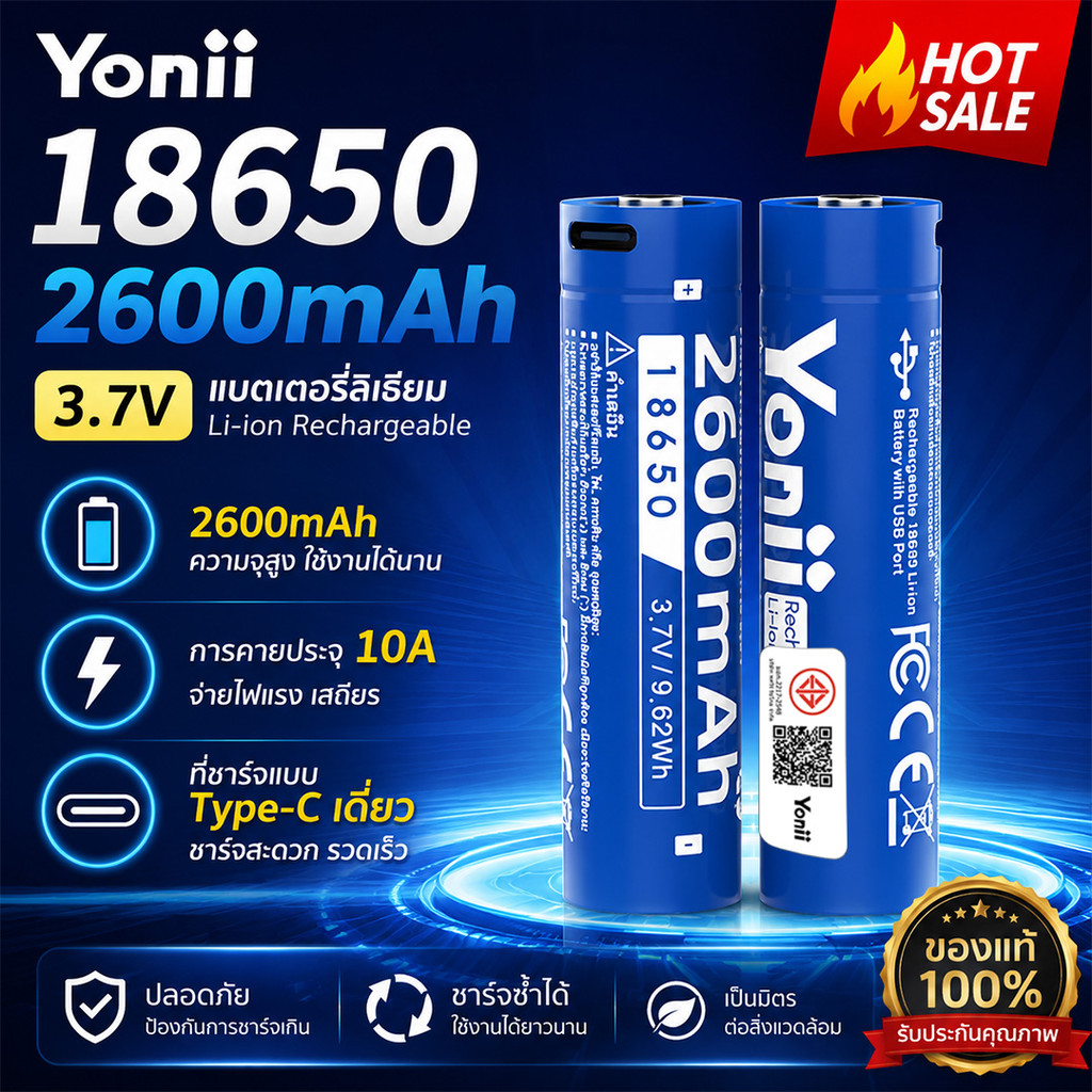 Yonii ถ่านชาร์จ 18650 ใหม่ 3.7V 2600Mah 10A Lithium Ion 18650 หัวนูน แบตเตอรี่ไฟฉาย (Type - C แบตเตอรี่แบบชาร์จไฟได้)
