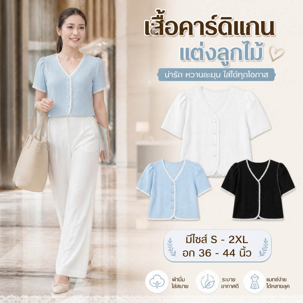 เสื้อคาร์ดิแกนคอวีแขนตุ๊กตา มีไซส์ S-2XL ผ้าเนื้อนุ่มแต่งขอบลูกไม้ฉลุ ลุคเกาหลีมินิมอลไปคาเฟ่