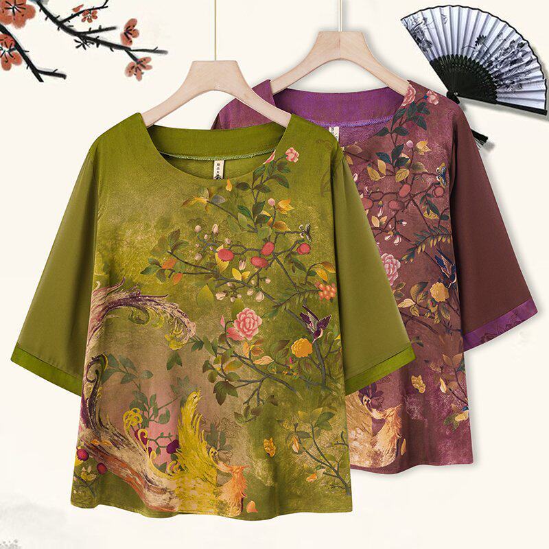 [คลังสินค้าพร้อม] แม่วัยกลางคนผู้สูงอายุเสื้อผ้าสตรีขนาดใหญ่ฤดูร้อนสไตล์ใหม่ใหม่สไตล์จีนเสื้อสวมหัวเสื้อแขนกลางคอกลมหลว