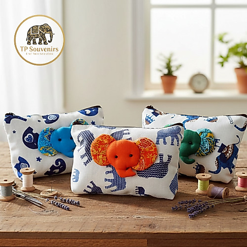 กระเป๋าใส่เหรียญ กระเป๋าเครื่องสำอาง ลายช้าง 3D TP Souvenirs ผ้าแคนวาสพรีเมียม งานฝีมือ ประณีต สีสดใส ขนาดพกพา พร้อมส่ง