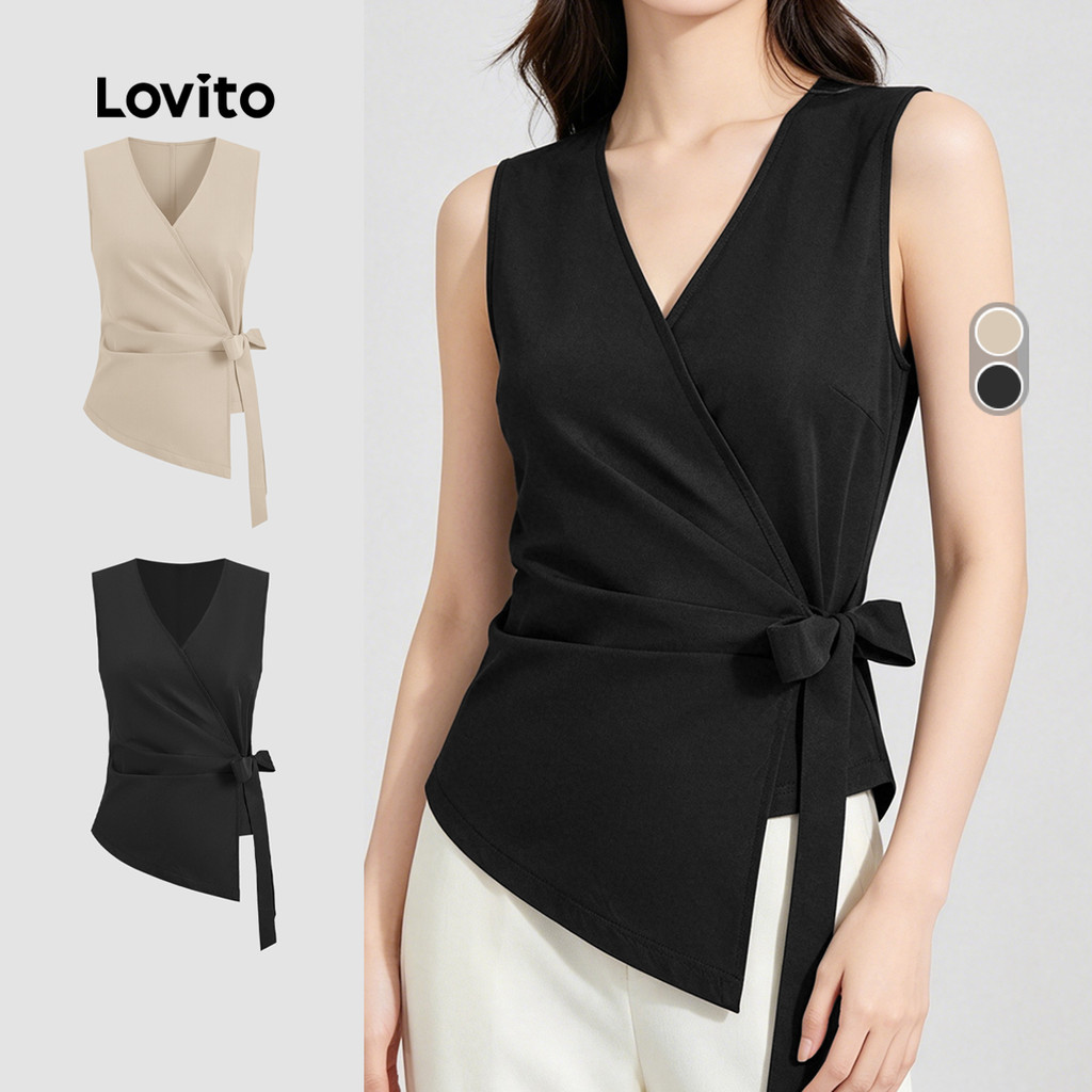 Lovito เสื้อครอปผูกหน้า สไตล์หรูหรา สวมใส่สบายสําหรับเดินทาง เหมาะสําหรับฤดูใบไม้ผลิ/ฤดูร้อน สีดําสําหรับผู้หญิง LK4ED2070