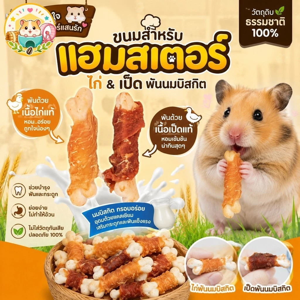 Hamster.lover ขนมแฮมสเตอร์ บิสกิตนมพันเนื้อไก่/เนื้อเป็ดแท้ 100% ขนมสัตว์เลี้ยงตัวเล็ก อร่อยถูกใจ ย่อยง่าย