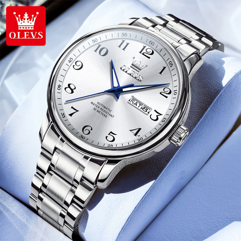 OLEVS 7072 Simple Trend Automatic Mechanical Watch Steel Band All-Match Mens Watch (กล่องนาฬิกาเดิม)