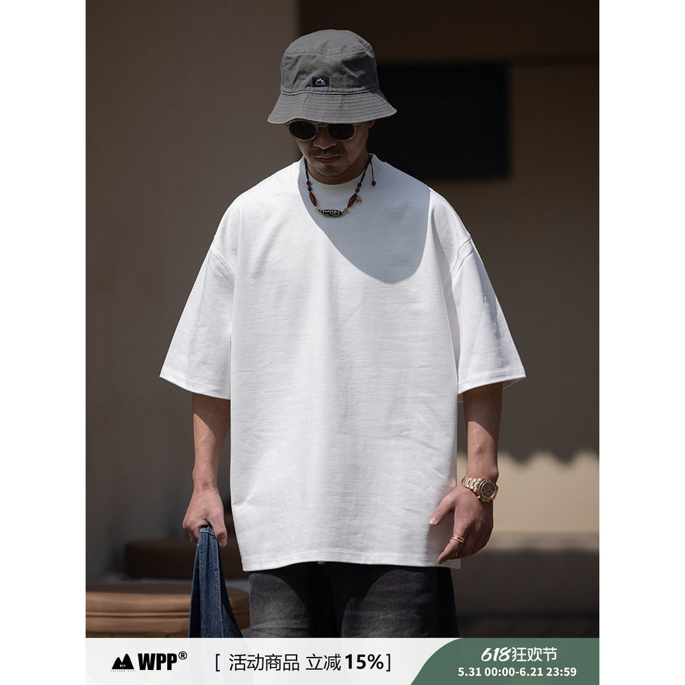 Wppสไตล์ญี่ปุ่น320กรัมผ้าฝ้ายหนักแขนสั้นเสื้อยืดผู้ชายฤดูร้อนหลวมสบายๆพื้นฐานขนาดเล็กคอไลน์ครึ่งแขนเ