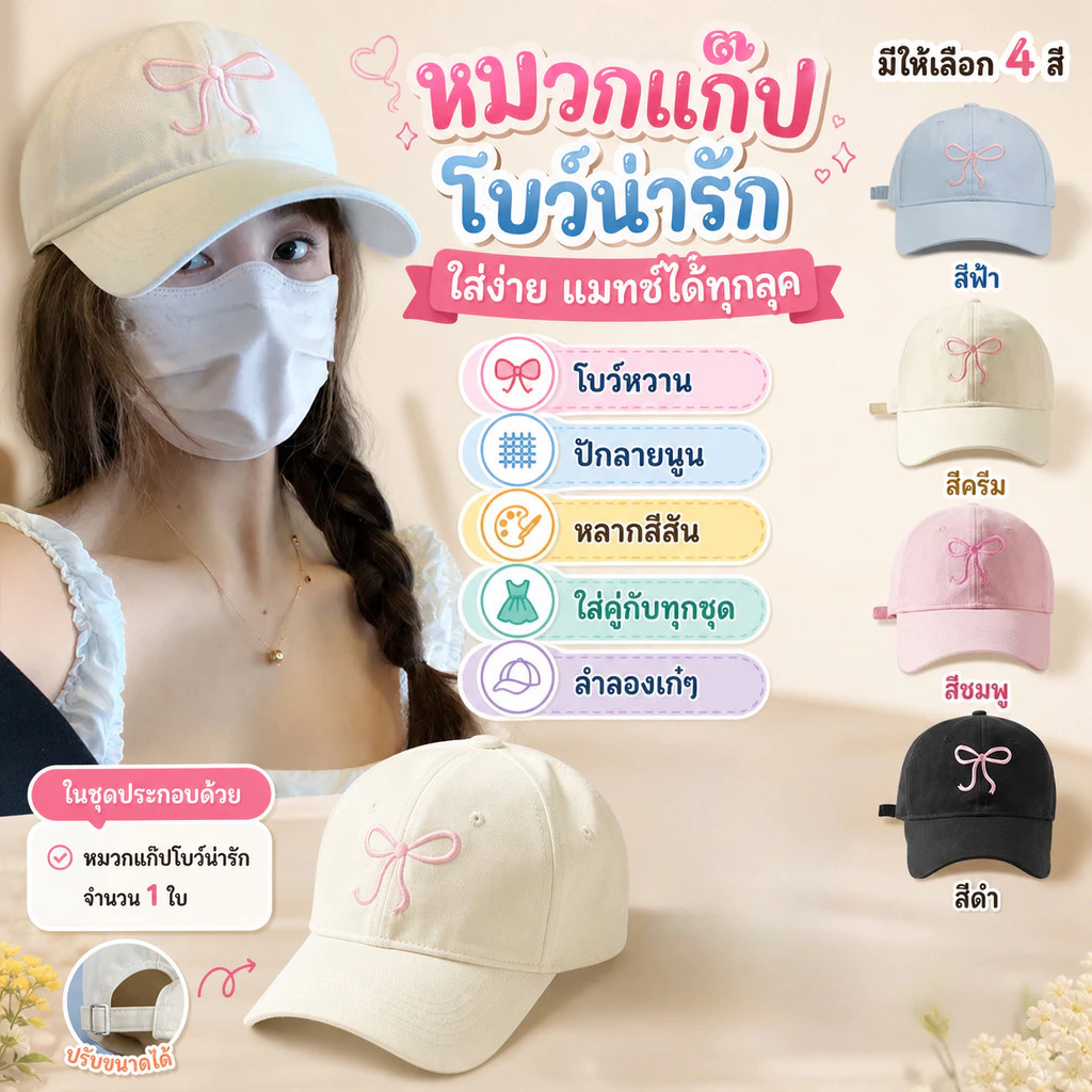 COD🔥หมวกแก็ป (ปักโบว์) หมวกเบสบอล แฟชั่นเกาหลี cotton cap หมวกเดินป่า