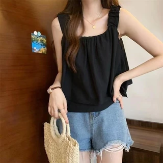 เสื้อกล้ามผู้หญิงน่ารักและสวมใส่สบาย ทรงหลวม สีพื้น สไตล์หวาน สายเดี่ยว ความยาวสั้น สำหรับผู้หญิง
