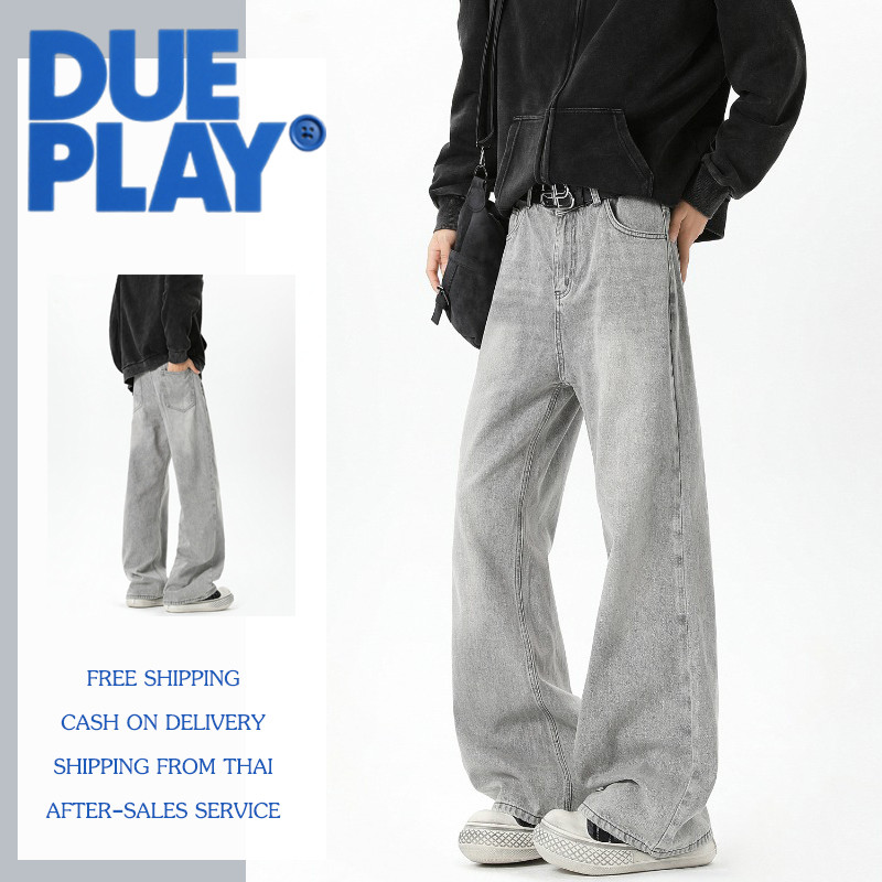 Dueplay กางเกงยีนส์ทรงตรงสีเทา ทรงหลวม ทรงหลวมสบาย กางเกงขายาวลำลอง อเนกประสงค์ แฟชั่นสตรีทสำหรับชายหญิง