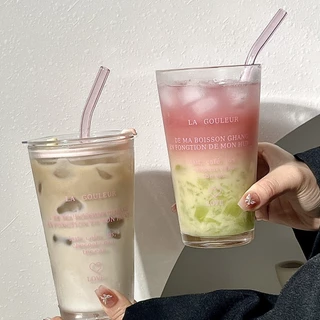 แก้วใสลายตัวอักษรฝรั่งเศส แก้วกาแฟ แก้วนม ชา น้ำผลไม้ พร้อมหลอดแก้วสุดชิค