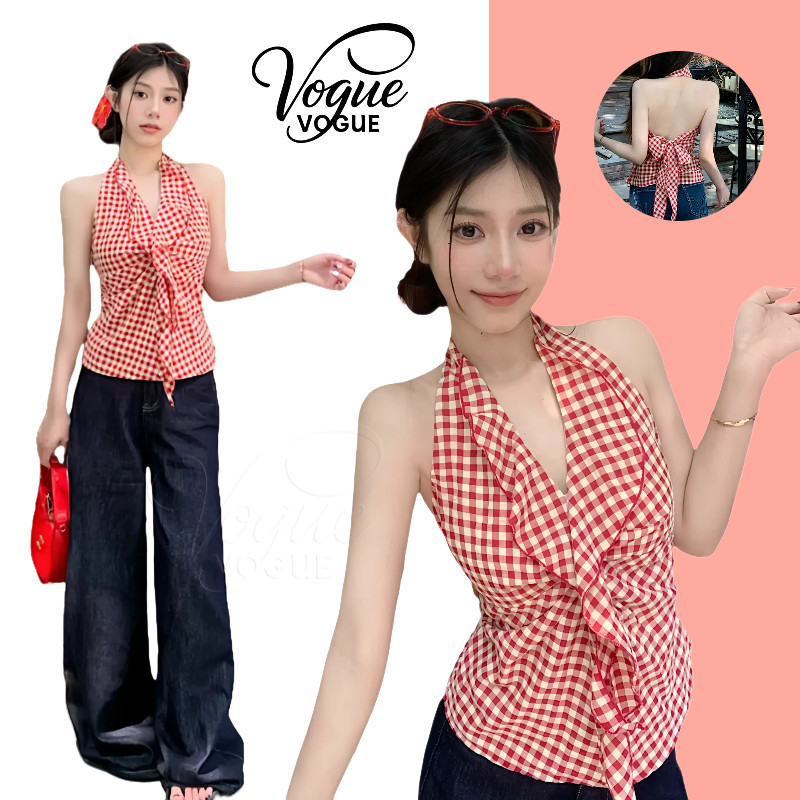 Vogue🌟พร้อมส่ง🌟 เสื้อคล้องคอ เว้าหลัง ลายสก็อตสีแดง สไตลืโคเรียมาก (FY2935)