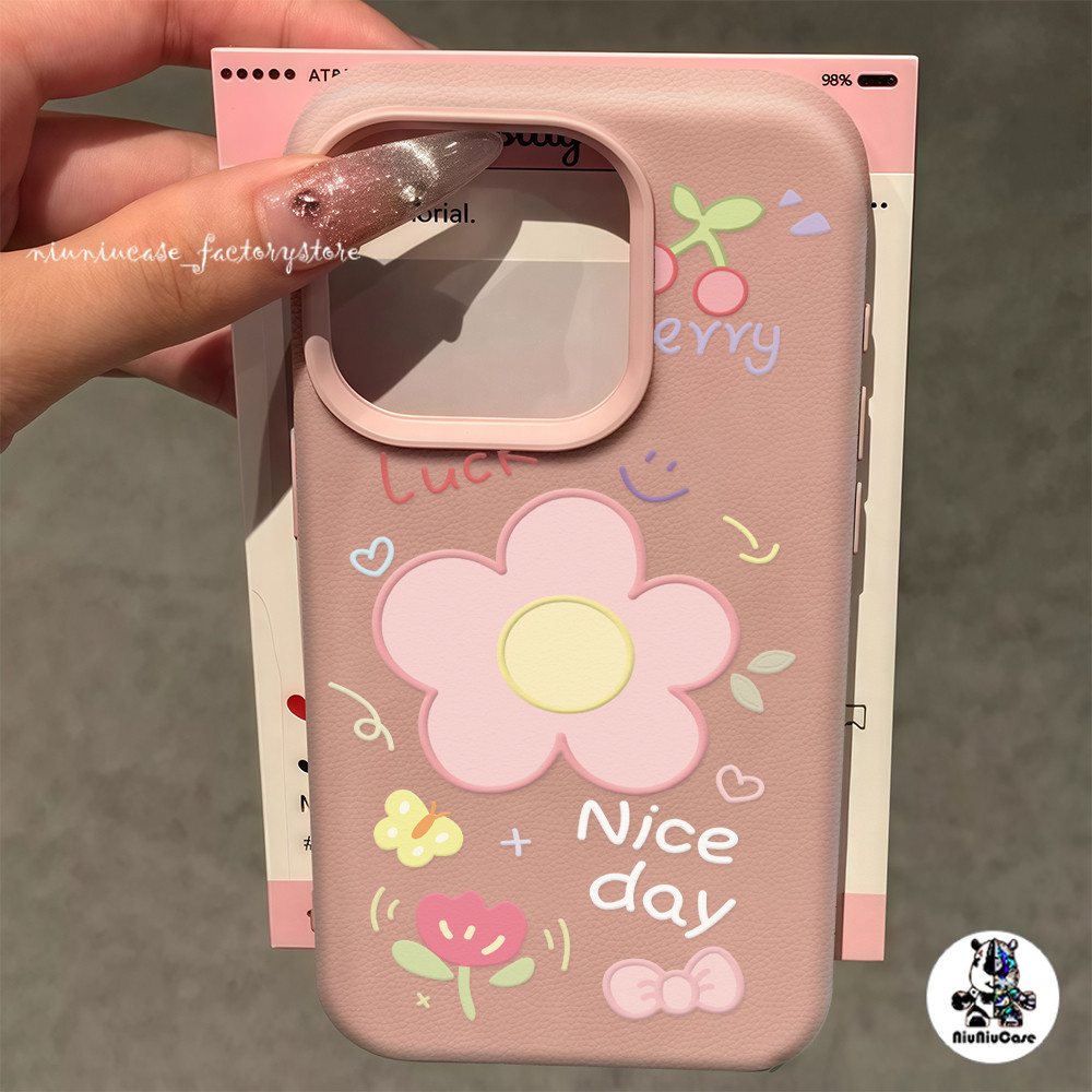 เคสหนังเนื้อนิ่มสีแคนดี้ For iPhone 13 เคส ดอกไม้ที่สวยงาม For iPhone 15 16 13 14 12 11 Pro Max XS XR 7P 8P เคสหนัง Case