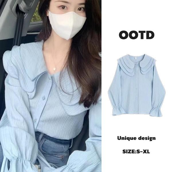mimi&didi#เสื้อเชิ้ตแขนยาวบาน เสื้อเชิ้ตผู้หญิงสไตล์เกาหลี ผ้านุมเบาใส่สบายละบายความร้อนได้ดี#W647