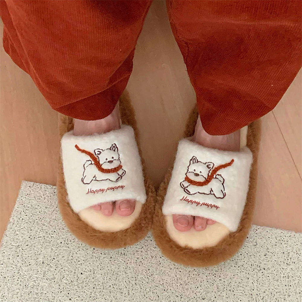 ฉี่ รองเท้าแตะผ้าฝ้ายลูกสุนัขน่ารักสุภาพสตรีฤดูใบไม้ร่วงฤดูหนาวที่เดินทางมาพักผ่อนในครัวเรือนห้องนอนที่อบอุ่น