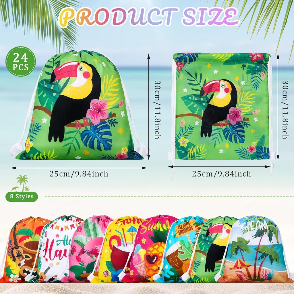 Panelee 24 ชิ้น Hawaiian Party Favor BagsHawaii ถุงของขวัญฮาวาย Aloha Drawstring กระเป๋า Tropical Go