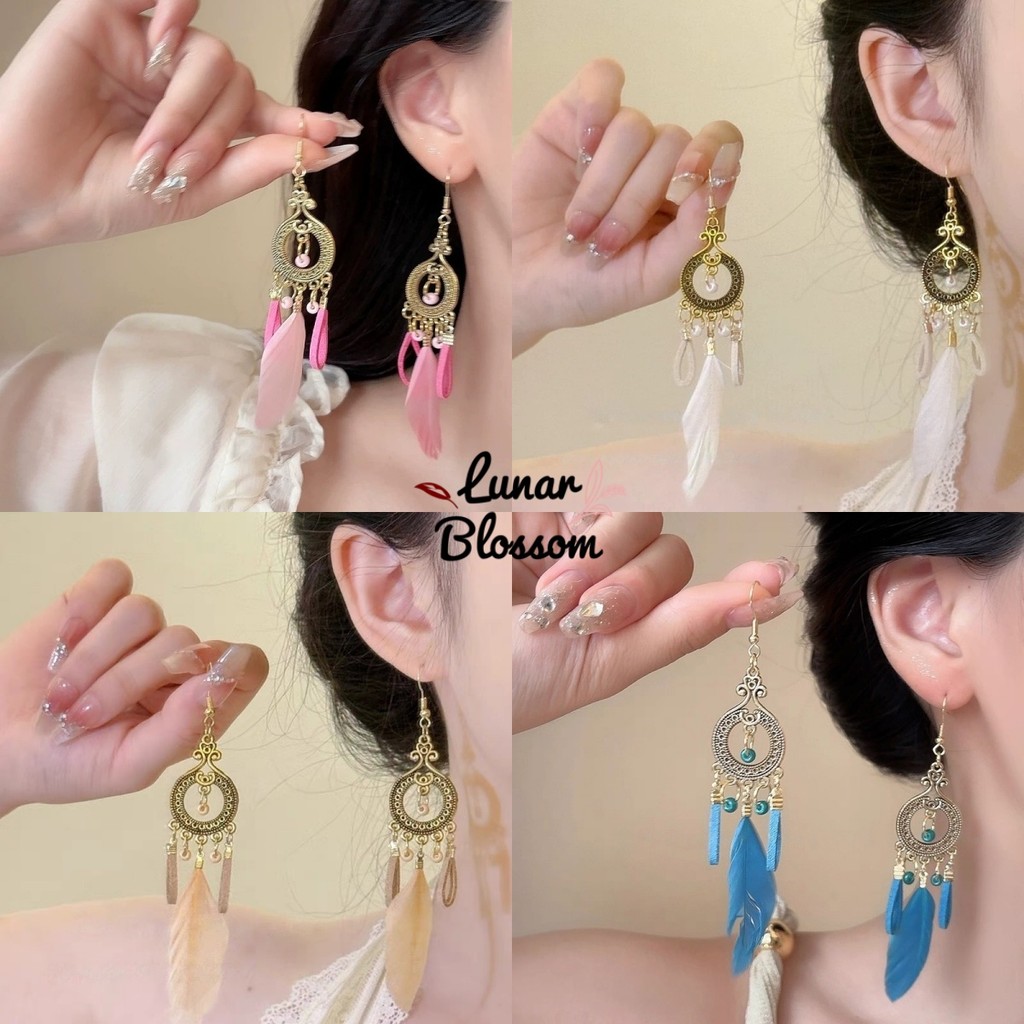 Lunar Blossom ❤️❤️ ต่างหู มีให้เลือกหลายสี จี้ขนนก สไตล์ชาติพันธุ์ แฟชั่นย้อนยุค ราคาถูก ส่งไวจากไทย
