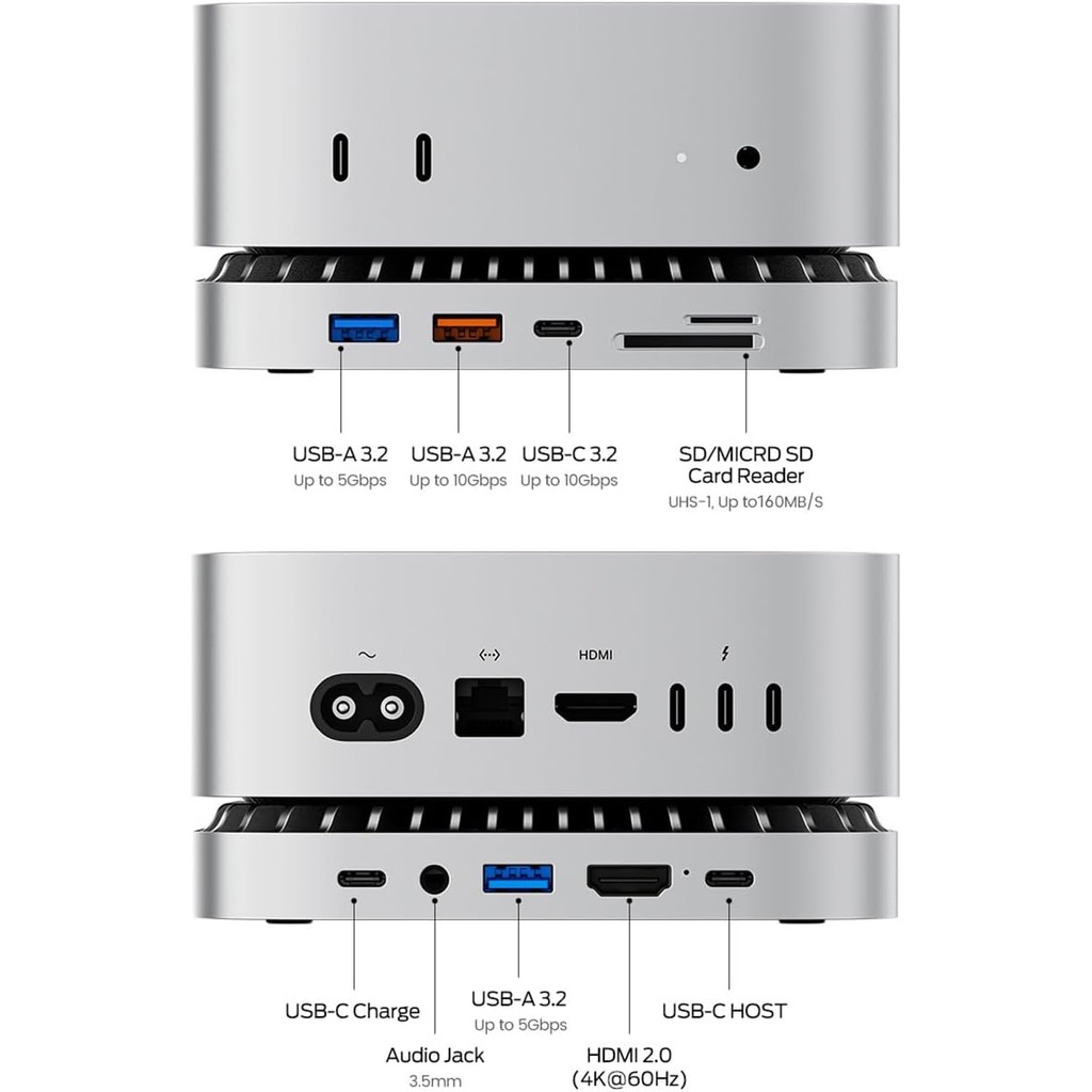 Mac Mini M4 Dock, อลูมิเนียม Mac Mini Stand และ HDMI Hub สําหรับ Mac Mini M4 และ M4 Pro 2024 พร้อม M.2 NVMe/SATA SSD Enclosure, 4K60Hz HDMI, 10G USB A/C, 5G USB A*2, USB-C ชาร์จ SD/TF, A