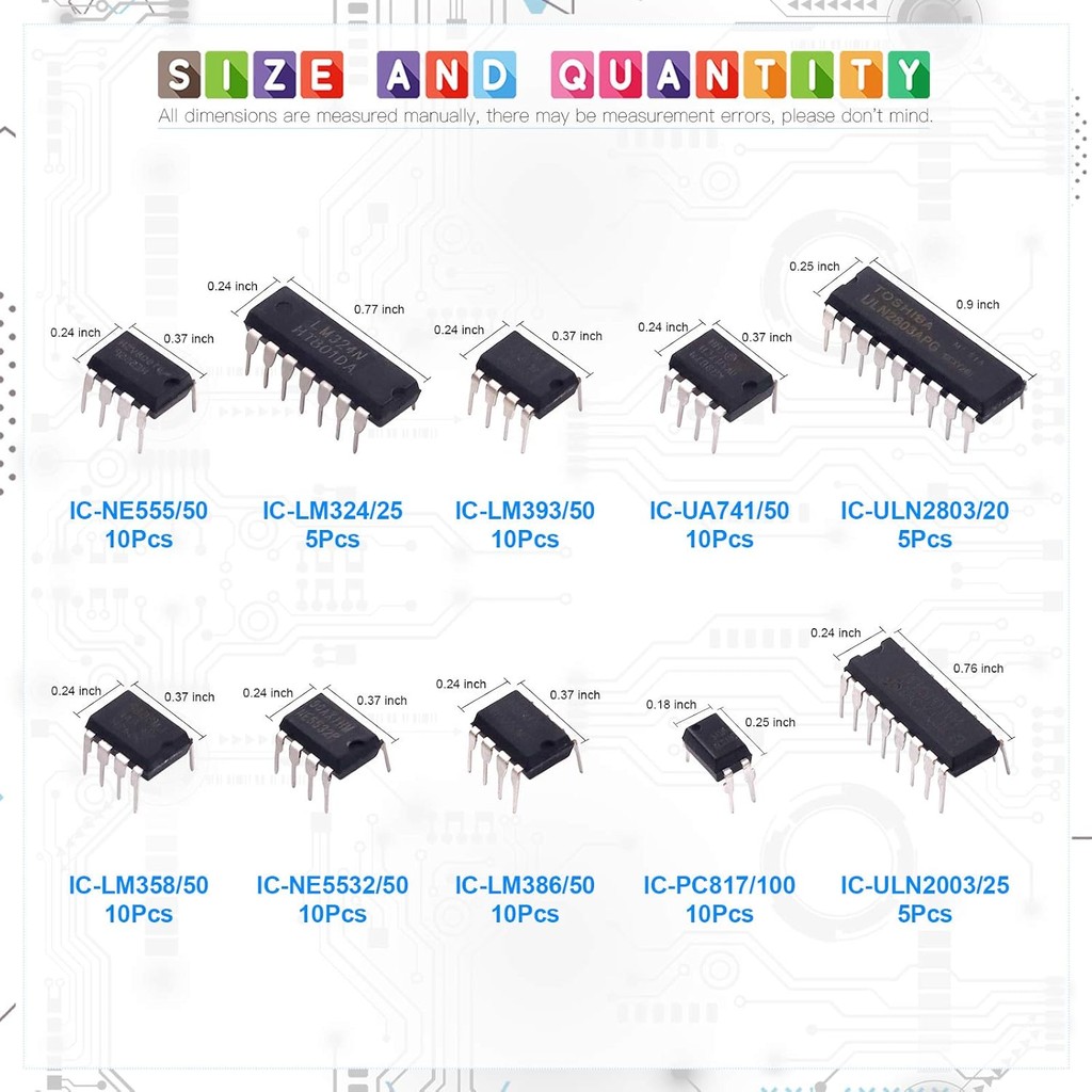 Glarks 85 ชิ้น 10 ประเภทชิปวงจรรวม IC ชิป Assortment Kit, opamp, Single Precision Timer, pwm, รวม LM