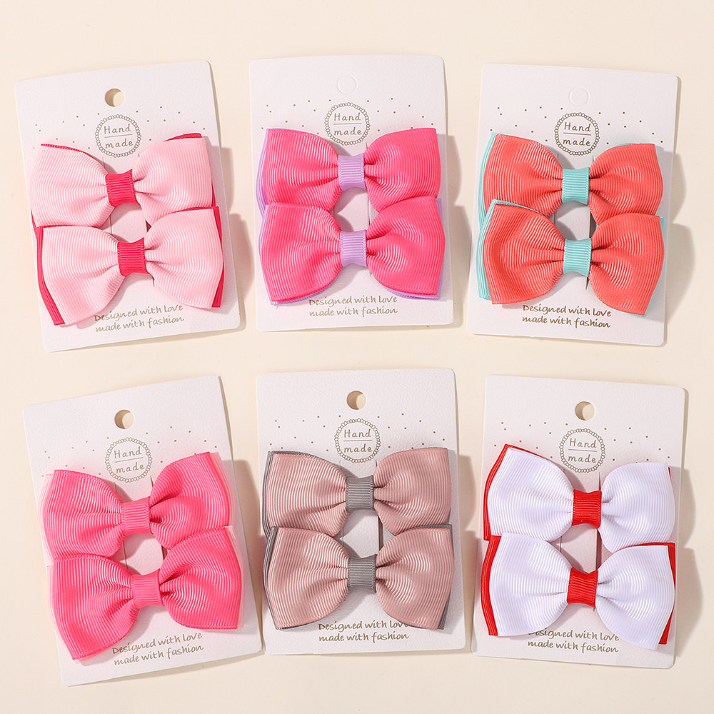 เซ็ต 2 ชิ้น Solid Bows กิ๊บติดผมสำหรับเด็กหญิง ทำจาก Grosgrain Ribbon พร้อมเสียบที่สวยงาม