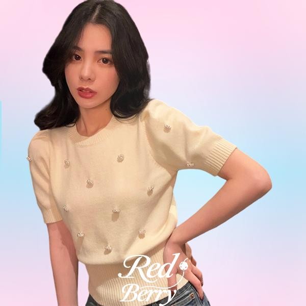Red Berryเสื้อยืดแขนสั้นถักนิตติ้งสำหรับผู้หญิงในช่วงฤดูร้อนปี 2025 9378