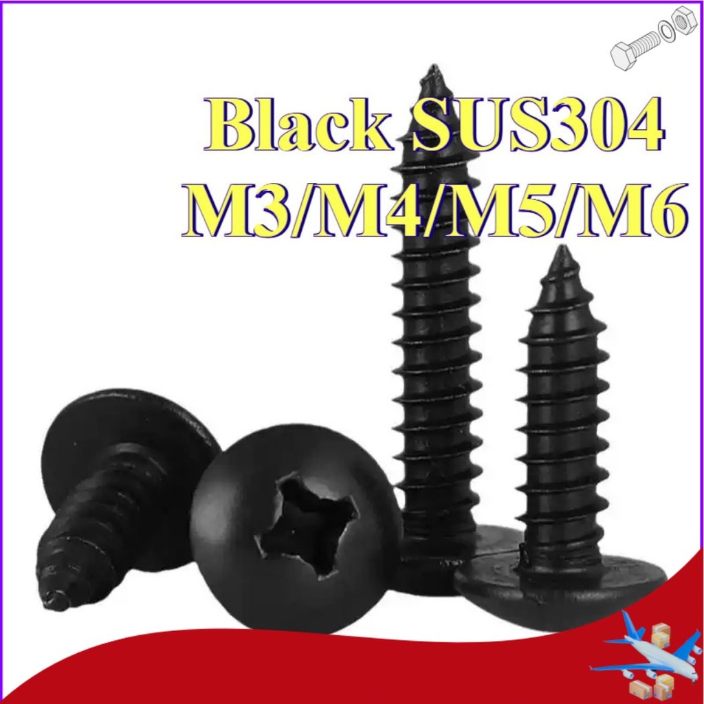 น็อต สกรู หัวร่ม หัวกระทะ แฉก T+ สแตนเลส 304  สีดํา เกลียวปล่อย  / Truss an Head Phillip Tapping Screw M3/M4/M5/M6 * L6-60 มม.【DTY-MB-1】