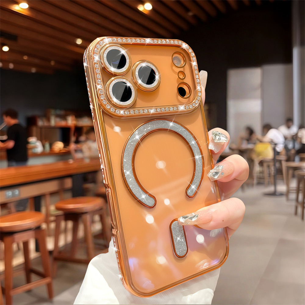 เพชรประกายเคสโทรศัพท์แม่เหล็กสําหรับiPhone 17 Pro Max Air 12 13 14 15 16 Pro Max 15 16 Plusเลนส์กล้องฝาครอบกันกระแทกTPU soft Caseเคสโทรศัพท์