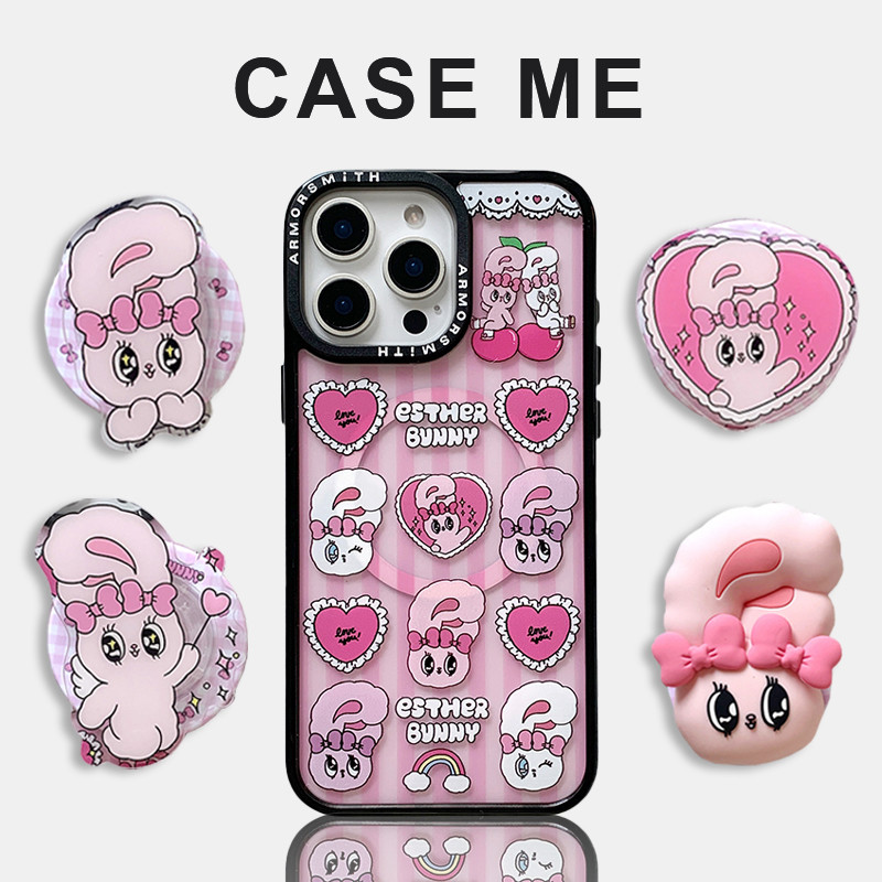 Kawaii Love Hearts Esther Bunny Kickstand เคสโทรศัพท์มือถือแม่เหล็กสําหรับ iPhone 17 16E 15 14 Plus 13 12 Pro Max 11 Hard อะคริลิคกันกระแทกปลอกมือถือ
