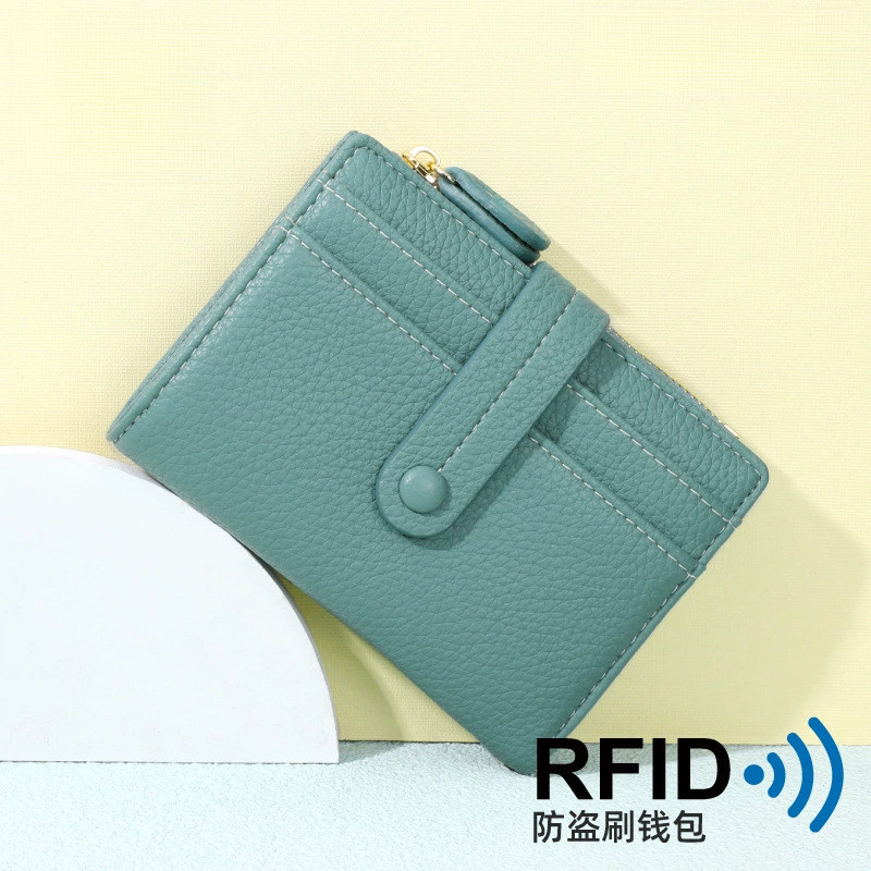กระเป๋าสตางค์ผู้หญิงลายลิ้นจี่ แบบสั้น พร้อมช่องเสียบการ์ดและกัน RFID หลากสีเลือกถึง 14 สี