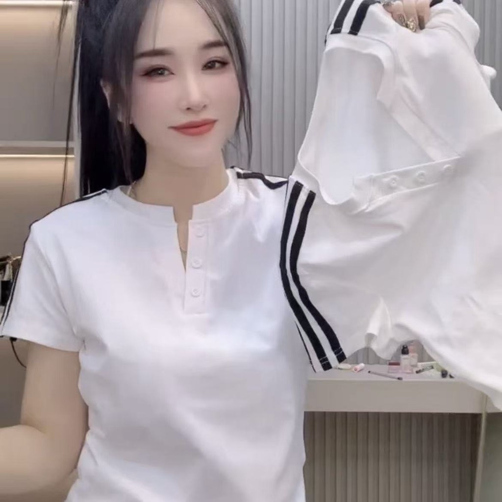 เสื้อยืดผู้หญิงสไตล์ใหม่ แขนสั้นมีปุ่ม แฟชั่นฤดูร้อน