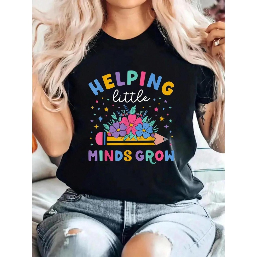 ครู [Ling ใหม่ Cotton T, Fit สบายขนาดยุโรป Be Careful สั้น, เสื้อยืดดอกไม้โรงเรียนประถมศึกษา 100% Br