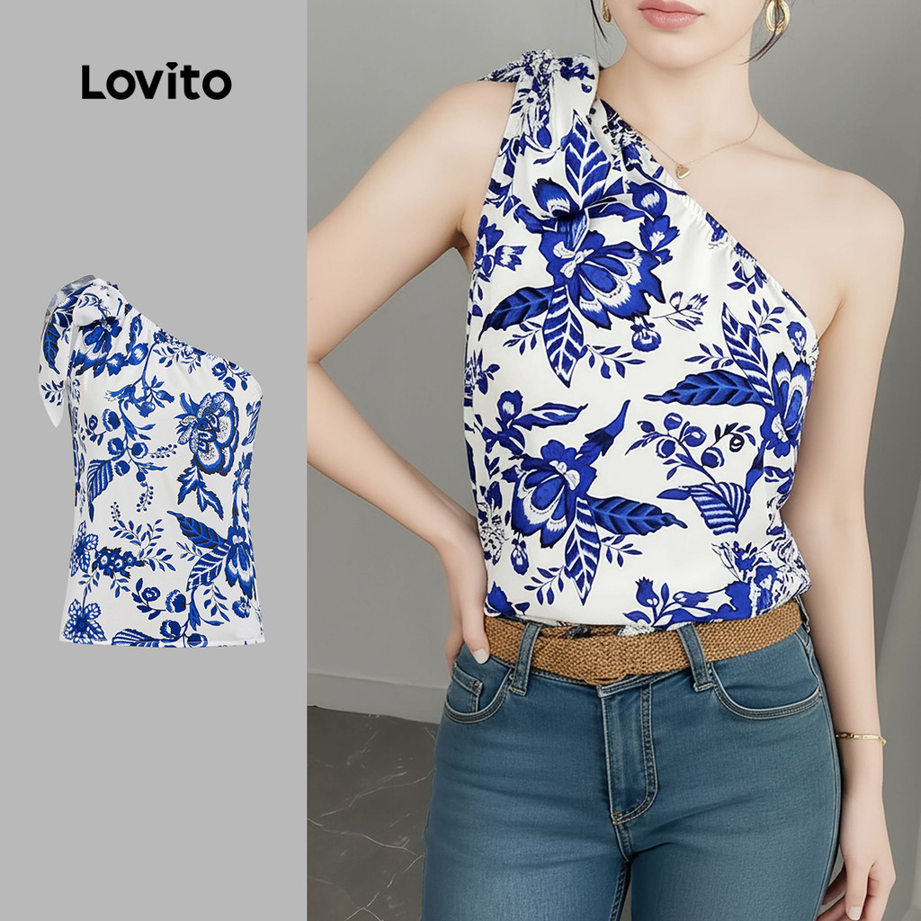 Lovito เสื้อท็อปโบโฮดีไซน์ไม่สมมาตรสีน้ำเงินสำหรับผู้หญิง L150AD789