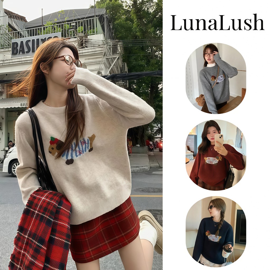 LunaLush พร้อมส่ง เสื้อคอกลมแขนยาวไหมพรม ลายหมาเล็ก สไตล์เกาหลี "Z-XG26"