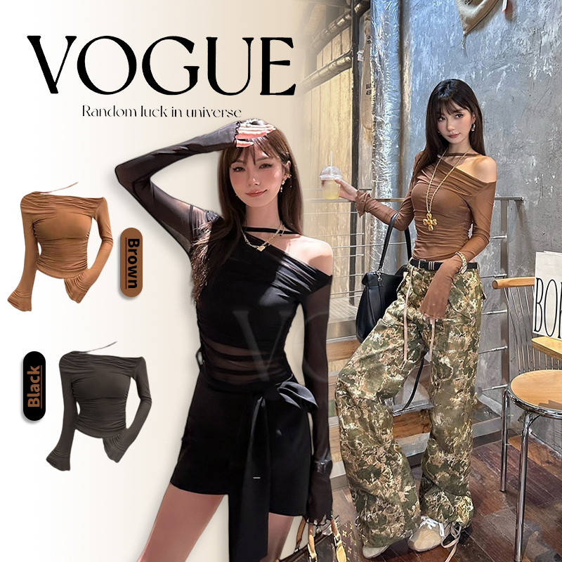 Vogue🌟พร้อมส่ง🌟เสื้อแขนยาวซีทรู+เกาะอก เสริมฟองน้ำ สไตล์เกาหลี (FY952)