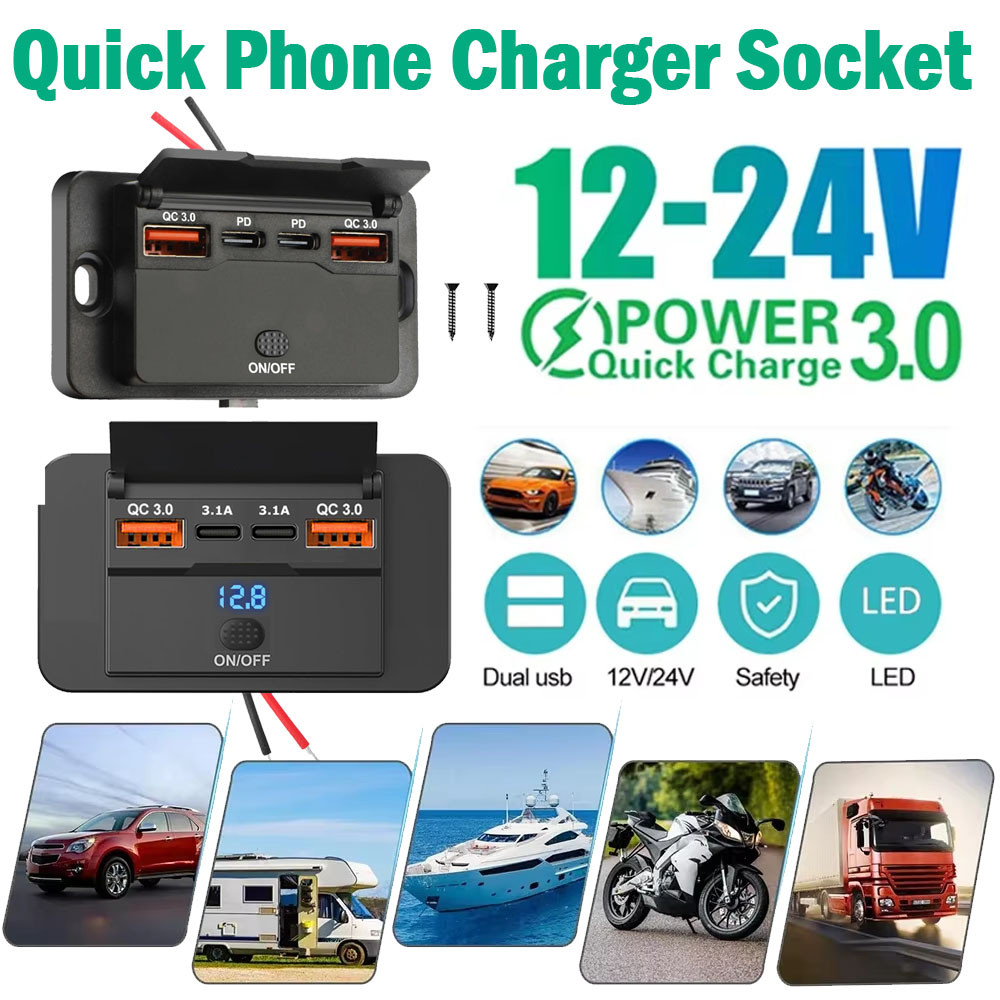 96W Dual PD Dual QC3.0/Dial 3.1A Type C USB Quick Charger 3.0 พร้อมสวิตช์ Fast Charging 4 พอร์ตแผงสํ