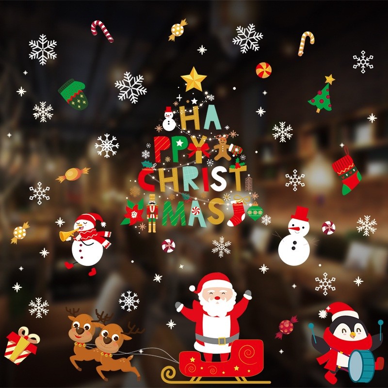 [ตกแต่งคริสต์มาส] Holiday Static Window Clings PVC Christmas Decals / น่ารัก Santa Snowman Reindeer สติกเกอร์ตกแต่งผนังบ้าน