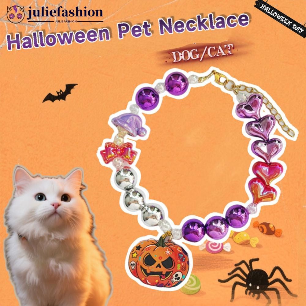 JULIEFASHION ฮาโลวีนปรับสัตว์เลี้ยงปลอกคอไข่มุก Iridescent ฟักทอง Charm ลูกสุนัขลูกแมวสร้อยคอสําหรับ